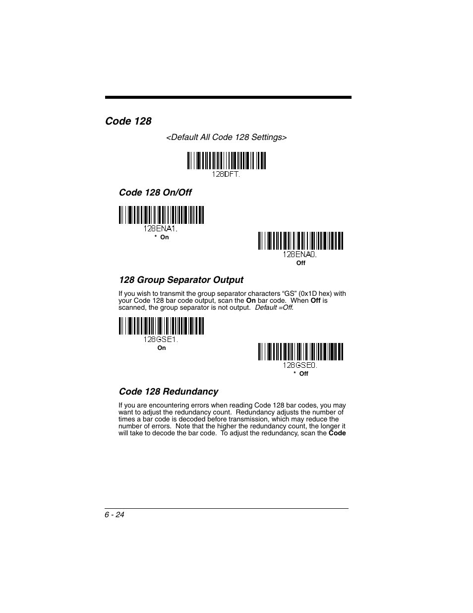 Code 128, Code 128 -24, Code 128 redundancy | Honeywell VOYAGER 1250G User Manual | Page 120 / 240