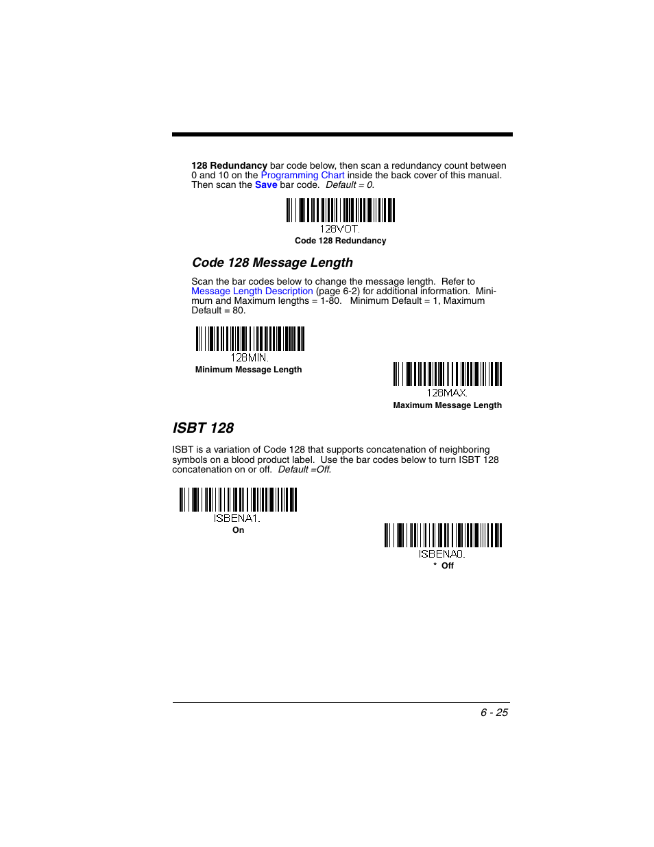 Isbt 128, Isbt 128 -25, Code 128 message length | Honeywell VOYAGER 1250G User Manual | Page 121 / 240