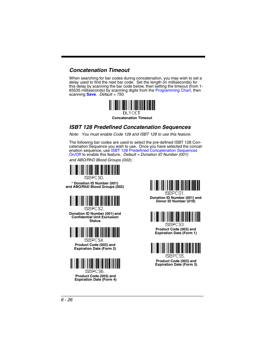 Concatenation timeout, Isbt 128 predefined concatenation sequences | Honeywell VOYAGER 1250G User Manual | Page 122 / 240