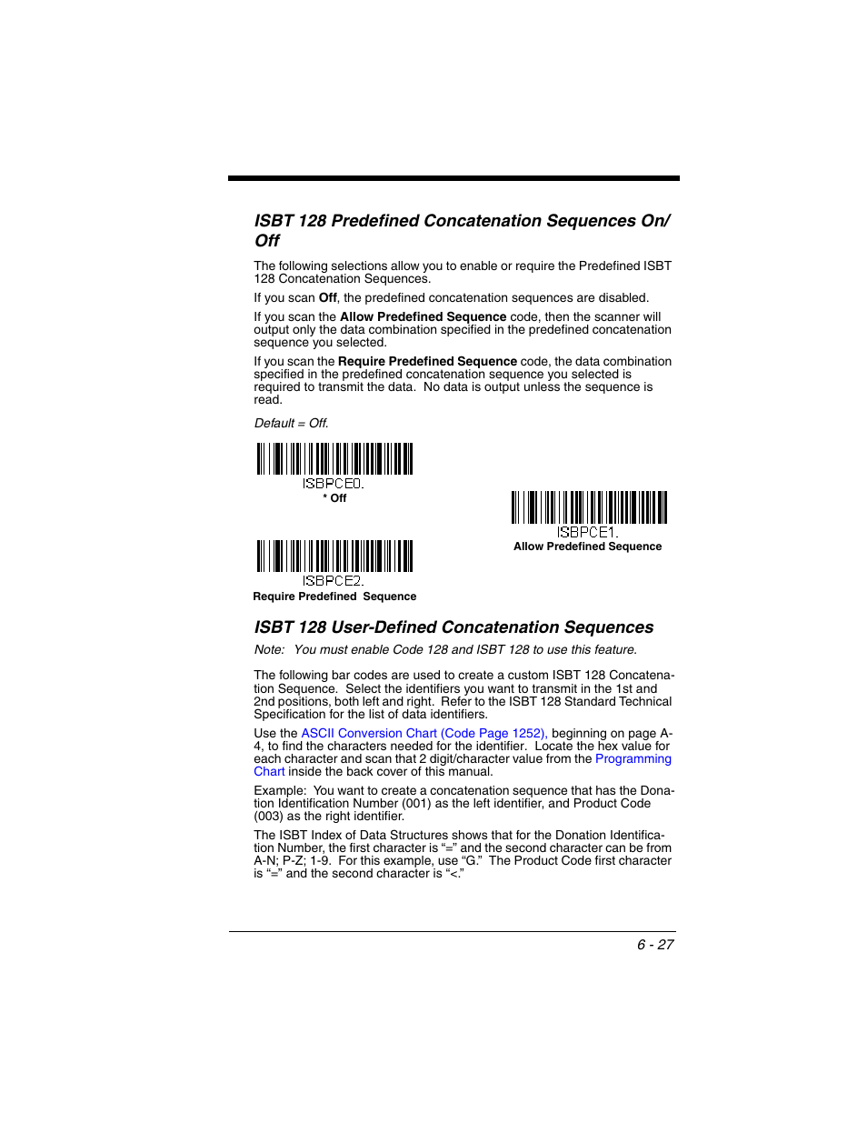 Isbt 128 predefined concatenation sequences, On/off, Isbt 128 user-defined concatenation sequences | Honeywell VOYAGER 1250G User Manual | Page 123 / 240