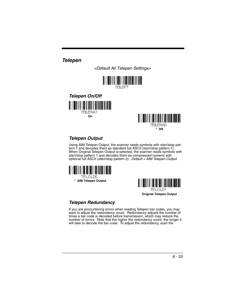 Telepen, Telepen -33, Telepen on/off telepen output | Telepen redundancy | Honeywell VOYAGER 1250G User Manual | Page 129 / 240