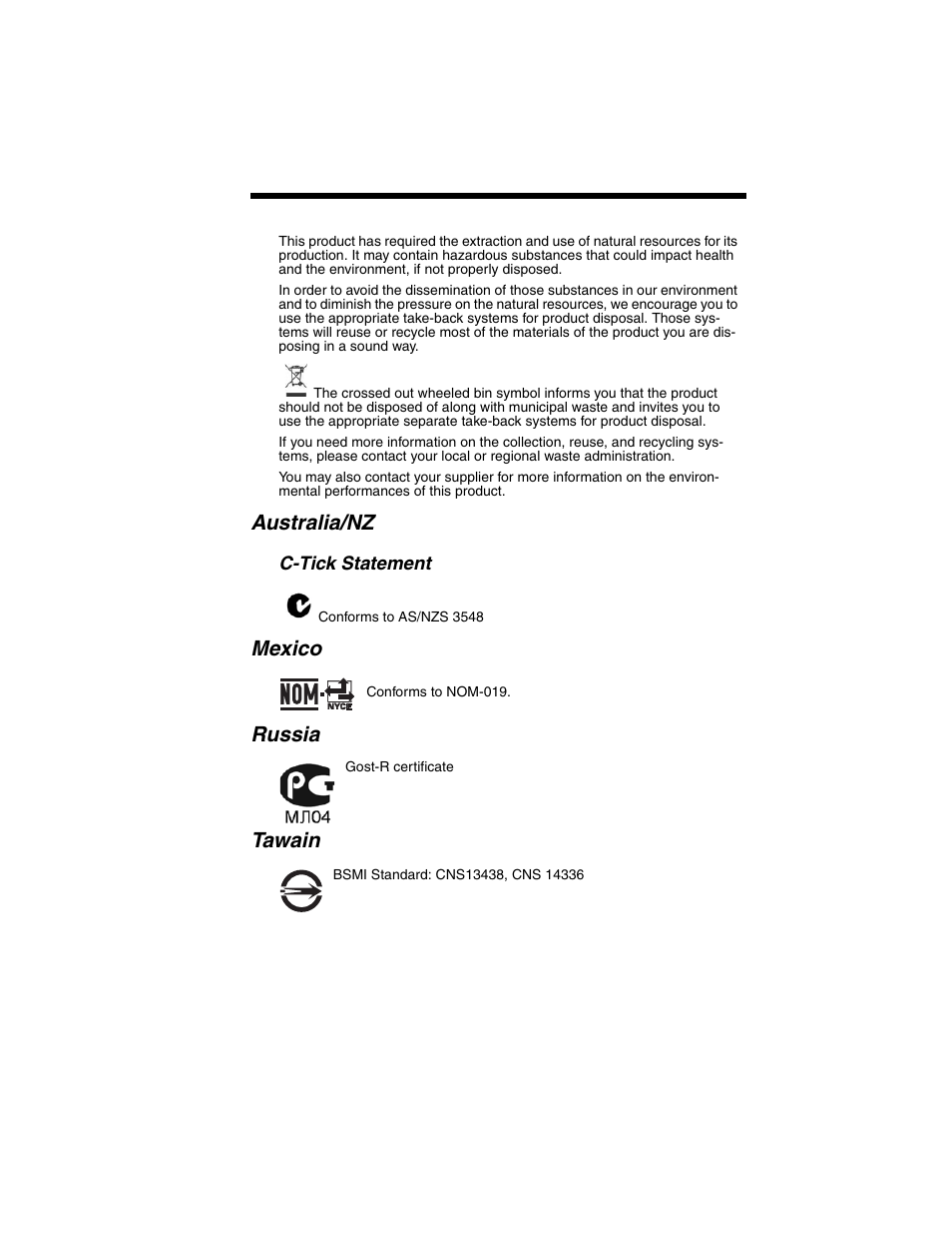 Australia/nz, Mexico, Russia | Tawain | Honeywell VOYAGER 1250G User Manual | Page 13 / 240
