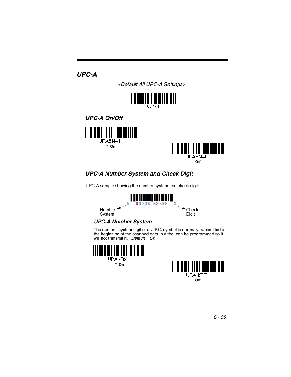 Upc-a, Upc-a -35, Upc-a on/off upc-a number system and check digit | Honeywell VOYAGER 1250G User Manual | Page 131 / 240