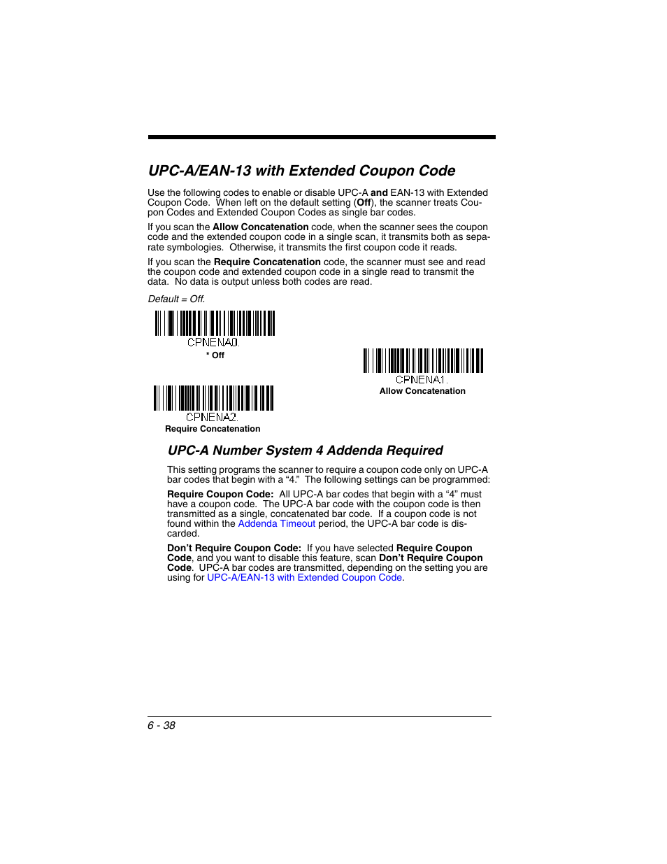 Upc-a/ean-13 with extended coupon code, Upc-a number system 4 addenda required, Upc-a/ean-13 with extended coupon code -38 | Upc-a number system 4 addenda required -38 | Honeywell VOYAGER 1250G User Manual | Page 134 / 240