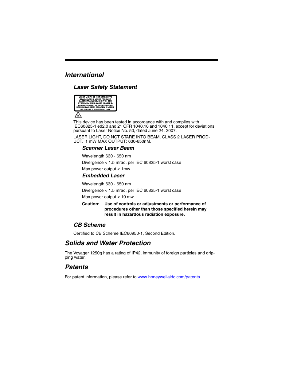 International, Solids and water protection, Patents | Laser safety statement, Cb scheme, Scanner laser beam, Embedded laser | Honeywell VOYAGER 1250G User Manual | Page 14 / 240