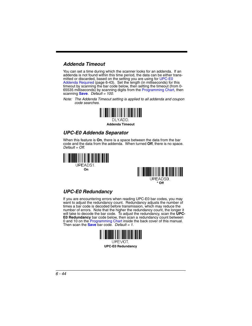 Addenda timeout, Upc-e0 addenda separator, Upc-e0 redundancy | Honeywell VOYAGER 1250G User Manual | Page 140 / 240