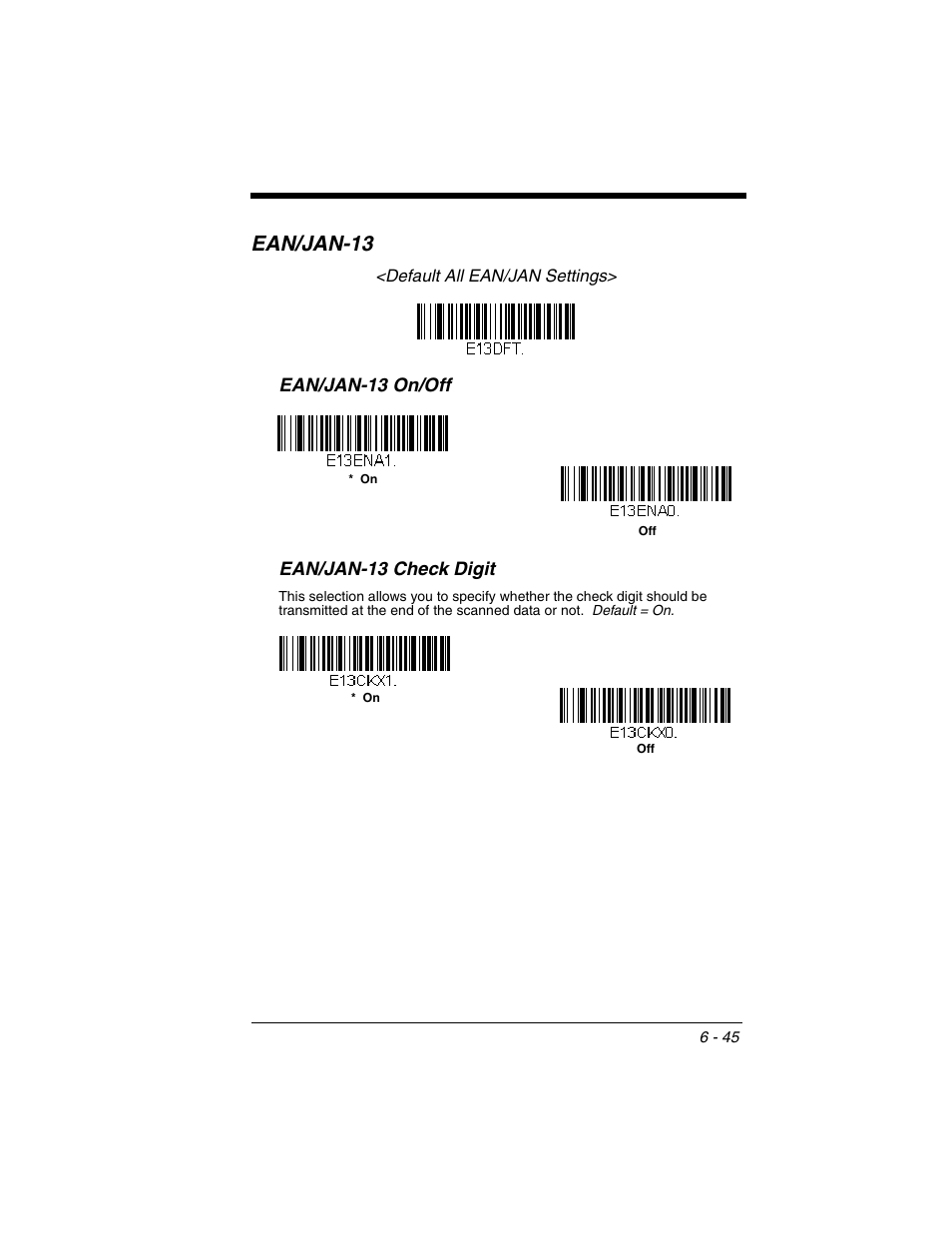 Ean/jan-13, Ean/jan-13 -45, Mber system, use | Ean/jan-13 on/off ean/jan-13 check digit | Honeywell VOYAGER 1250G User Manual | Page 141 / 240