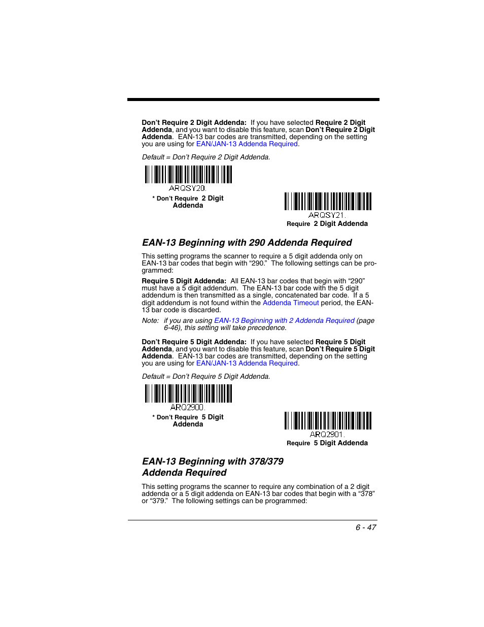Ean-13 beginning with 290 addenda required, Ean-13 beginning with 378/379 addenda required, Addenda required -47 | F you are using | Honeywell VOYAGER 1250G User Manual | Page 143 / 240