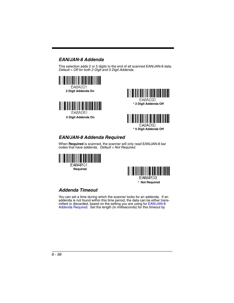 Addenda timeout, Ean/jan-8 addenda, Ean/jan-8 addenda required | Honeywell VOYAGER 1250G User Manual | Page 152 / 240