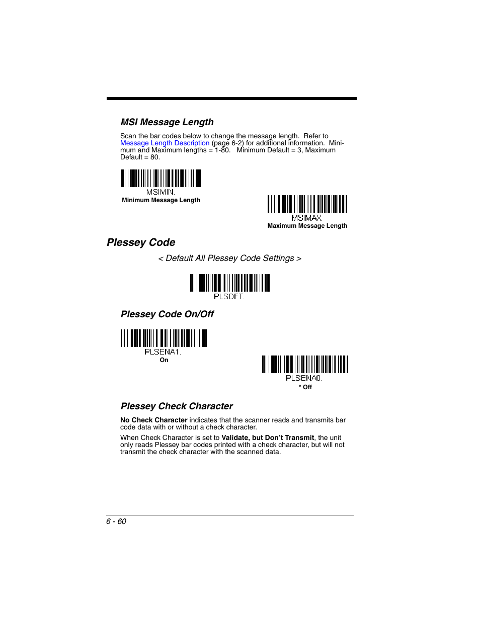 Plessey code, Plessey code -60, Msi message length | Plessey code on/off plessey check character | Honeywell VOYAGER 1250G User Manual | Page 156 / 240