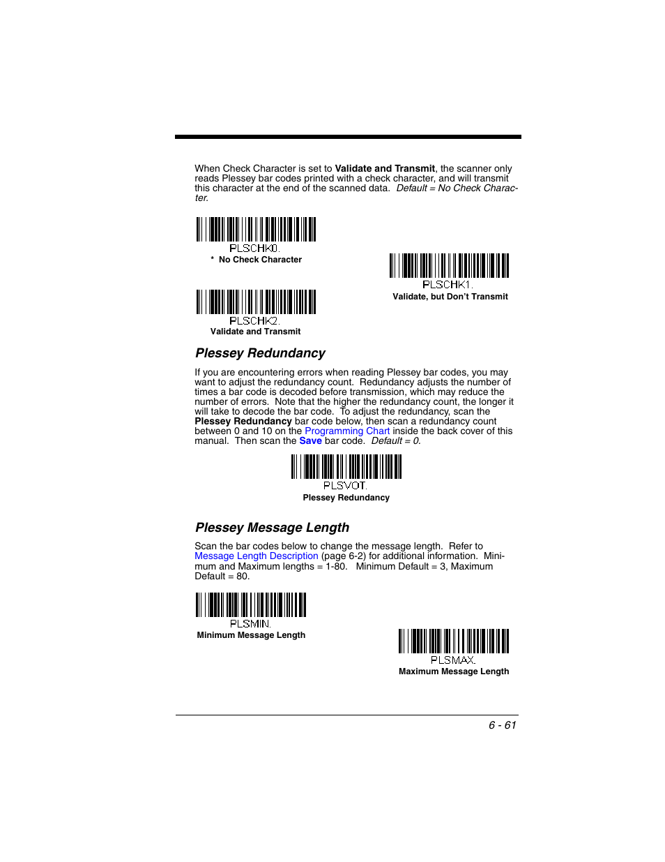Plessey redundancy, Plessey message length | Honeywell VOYAGER 1250G User Manual | Page 157 / 240
