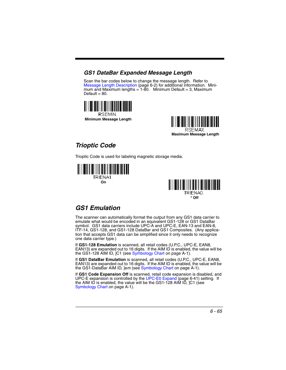 Trioptic code, Gs1 emulation, Trioptic code -65 gs1 emulation -65 | Gs1 databar expanded message length | Honeywell VOYAGER 1250G User Manual | Page 161 / 240