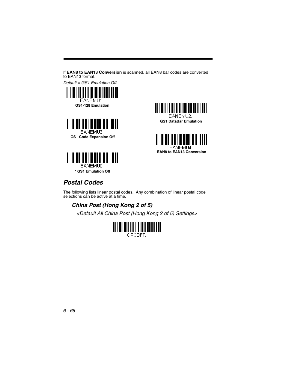 Postal codes, China post (hong kong 2 of 5), Postal codes -66 | China post (hong kong 2 of 5) -66 | Honeywell VOYAGER 1250G User Manual | Page 162 / 240