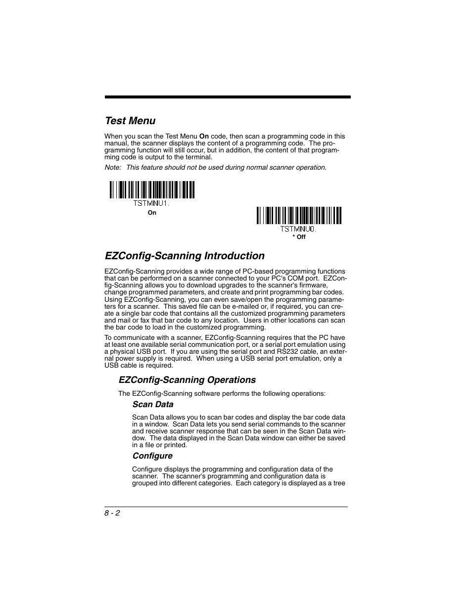 Test menu, Ezconfig-scanning introduction, Test menu -2 ezconfig-scanning introduction -2 | Ezconfig-scanning operations | Honeywell VOYAGER 1250G User Manual | Page 170 / 240