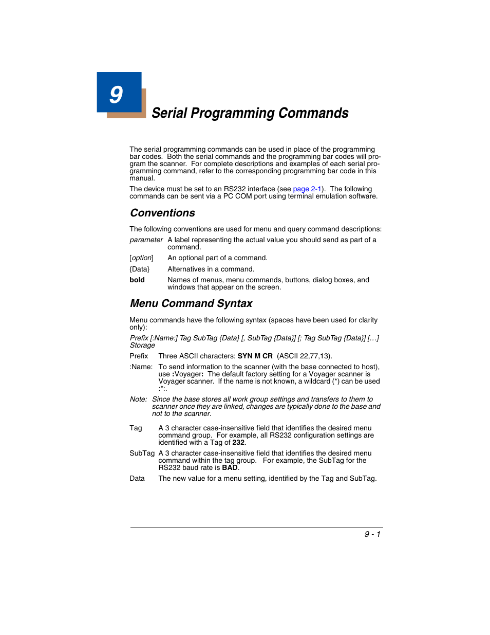 Serial programming commands, Conventions, Menu command syntax | Chapter 9 - serial programming commands, Conventions -1 menu command syntax -1, Chapter 9 | Honeywell VOYAGER 1250G User Manual | Page 173 / 240