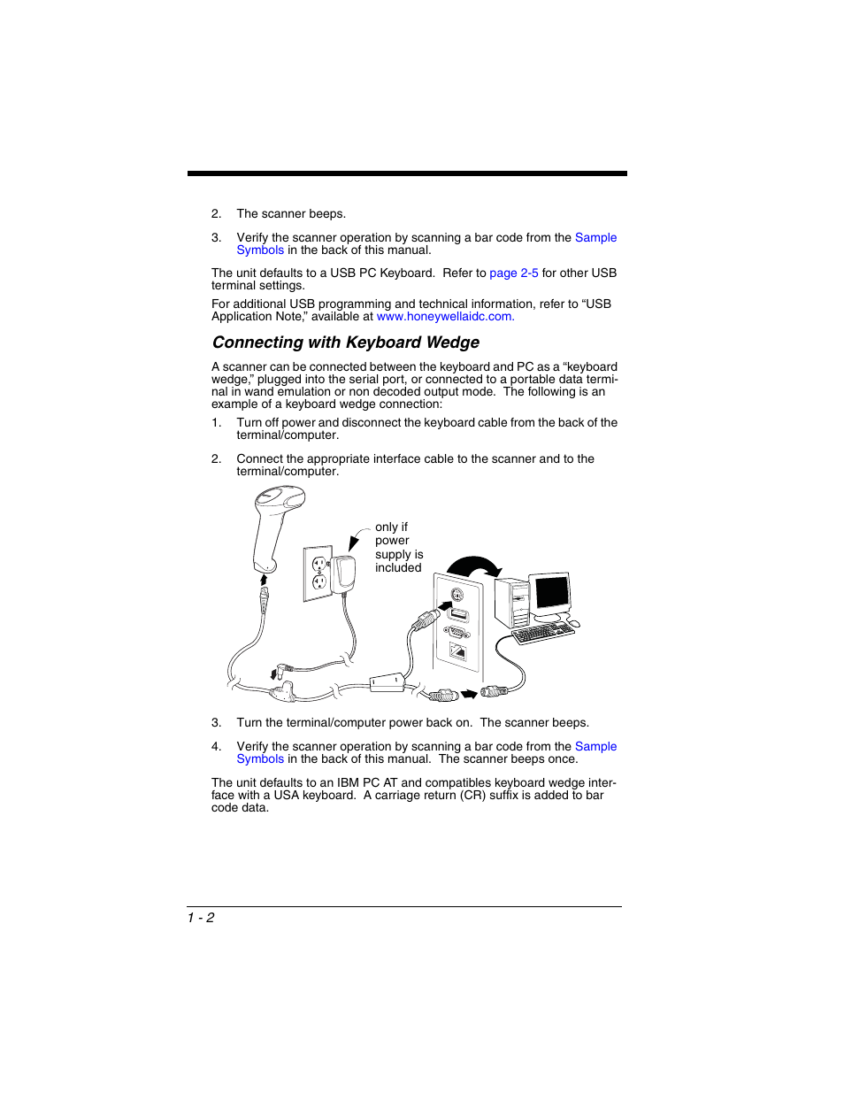Connecting with keyboard wedge, Connecting with keyboard wedge -2 | Honeywell VOYAGER 1250G User Manual | Page 18 / 240