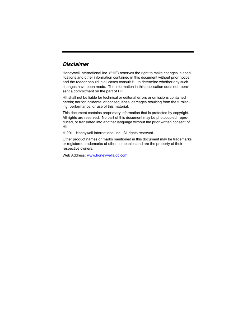 Disclaimer | Honeywell VOYAGER 1250G User Manual | Page 2 / 240
