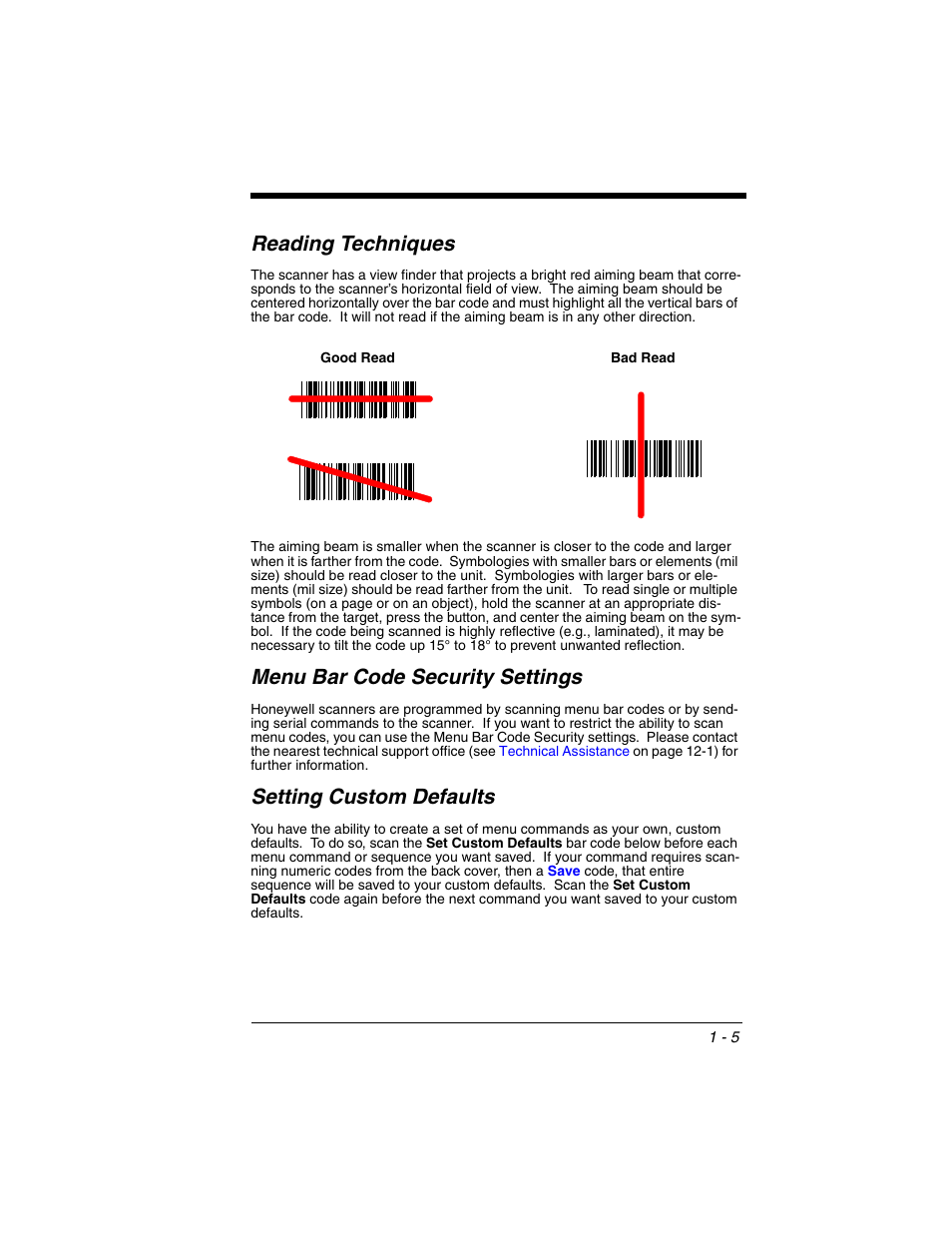 Reading techniques, Menu bar code security settings, Setting custom defaults | Honeywell VOYAGER 1250G User Manual | Page 21 / 240