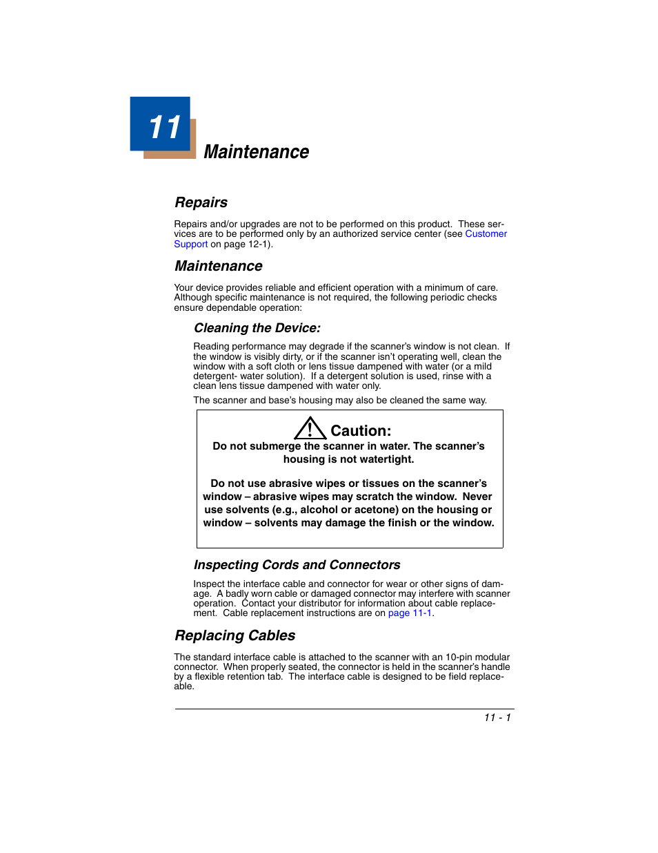 Maintenance, Repairs, Cleaning the device | Inspecting cords and connectors, Replacing cables, Chapter 11 - maintenance, Repairs -1 maintenance -1, Replacing cables -1 | Honeywell VOYAGER 1250G User Manual | Page 219 / 240