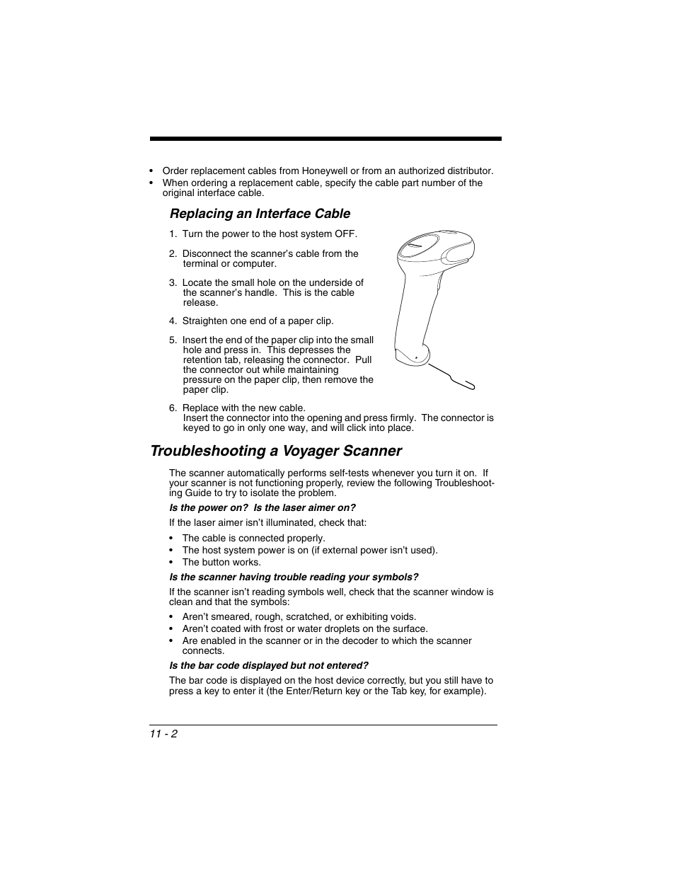 Replacing an interface cable, Troubleshooting a voyager scanner, Replacing an interface cable -2 | Troubleshooting a voyager scanner -2 | Honeywell VOYAGER 1250G User Manual | Page 220 / 240