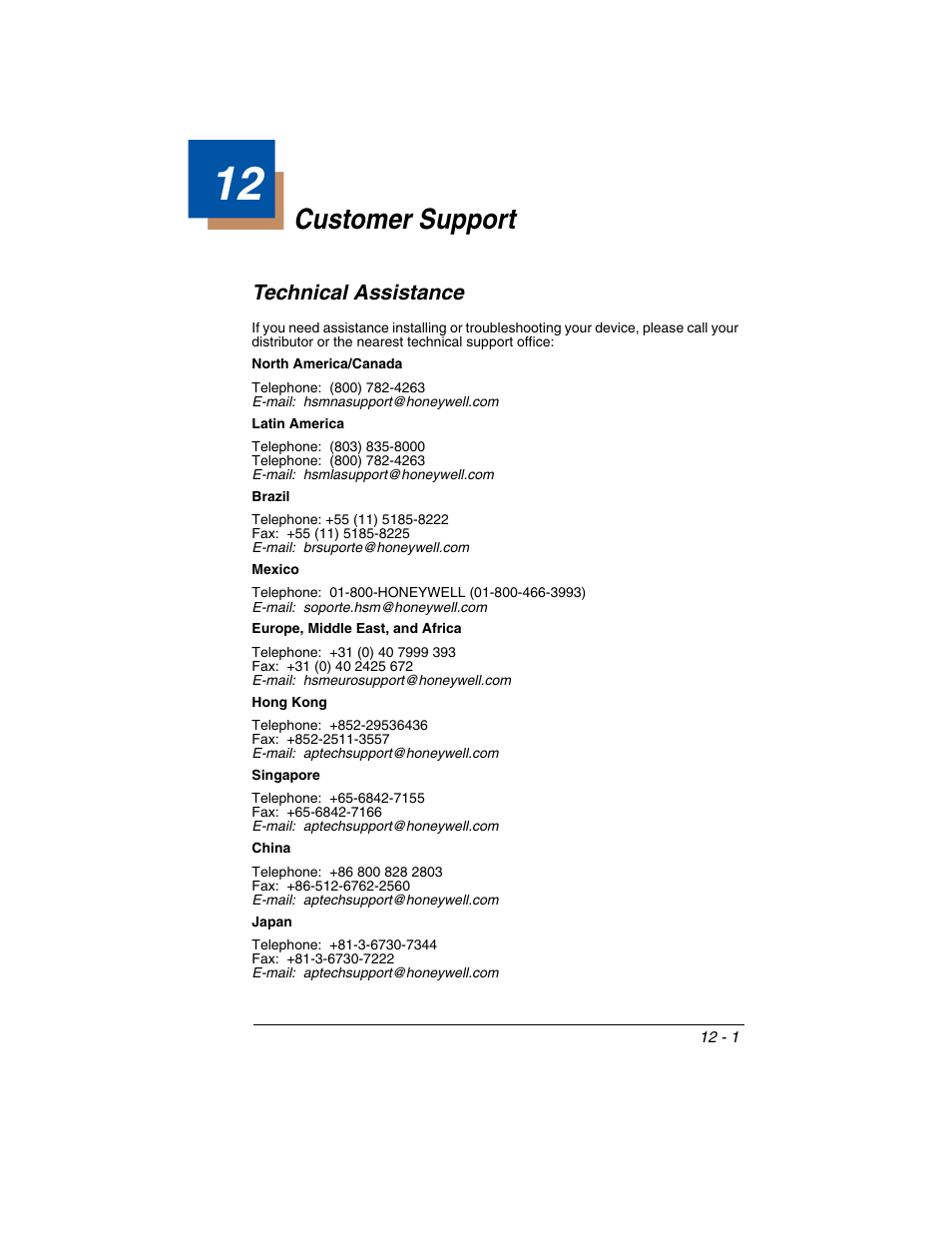 Customer support, Chapter 12 - customer support, T office (see | Technical assistance, Ice center (see, Customer, Support | Honeywell VOYAGER 1250G User Manual | Page 223 / 240