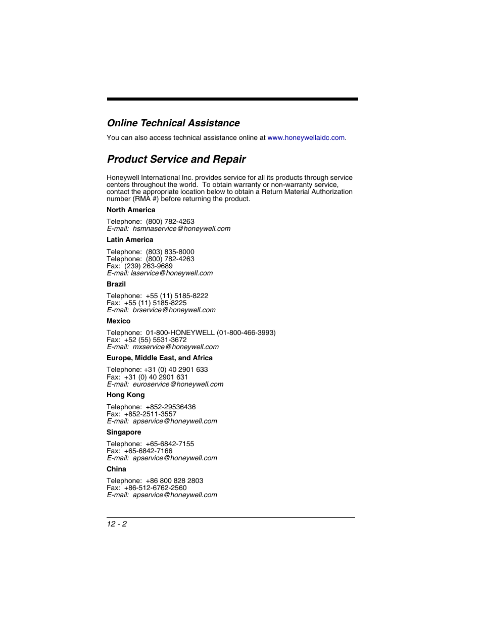 Product service and repair, Online technical assistance | Honeywell VOYAGER 1250G User Manual | Page 224 / 240