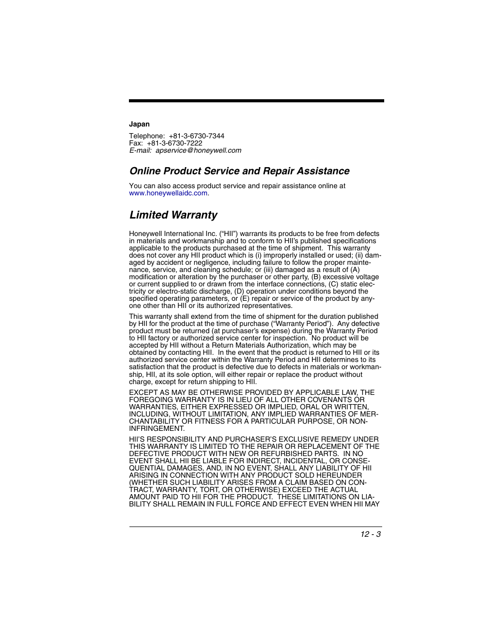 Limited warranty, Online product service and repair assistance | Honeywell VOYAGER 1250G User Manual | Page 225 / 240