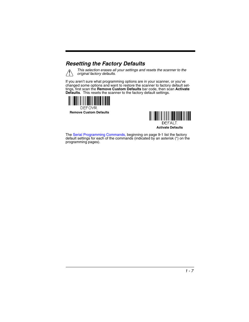 Resetting the factory defaults, Resetting the factory defaults -7 | Honeywell VOYAGER 1250G User Manual | Page 23 / 240