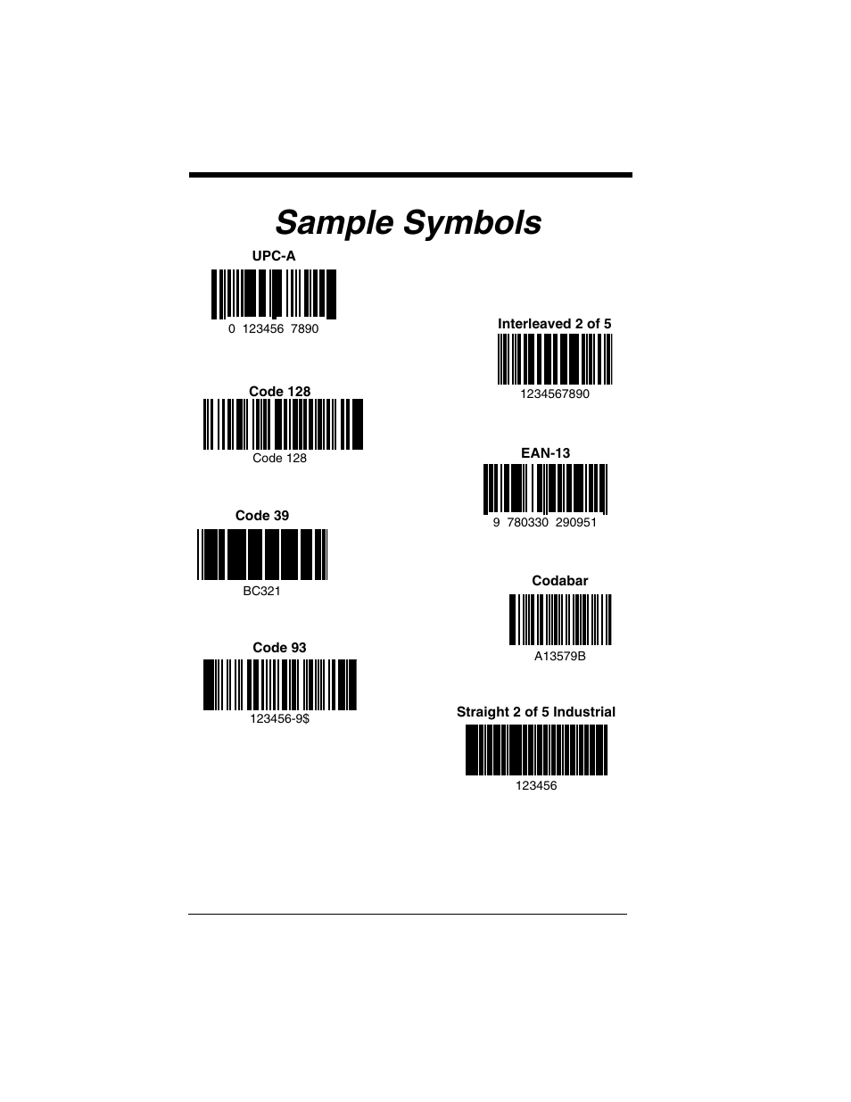 Sample symbols, Scanning a bar code from the, Sample | Symbols | Honeywell VOYAGER 1250G User Manual | Page 236 / 240