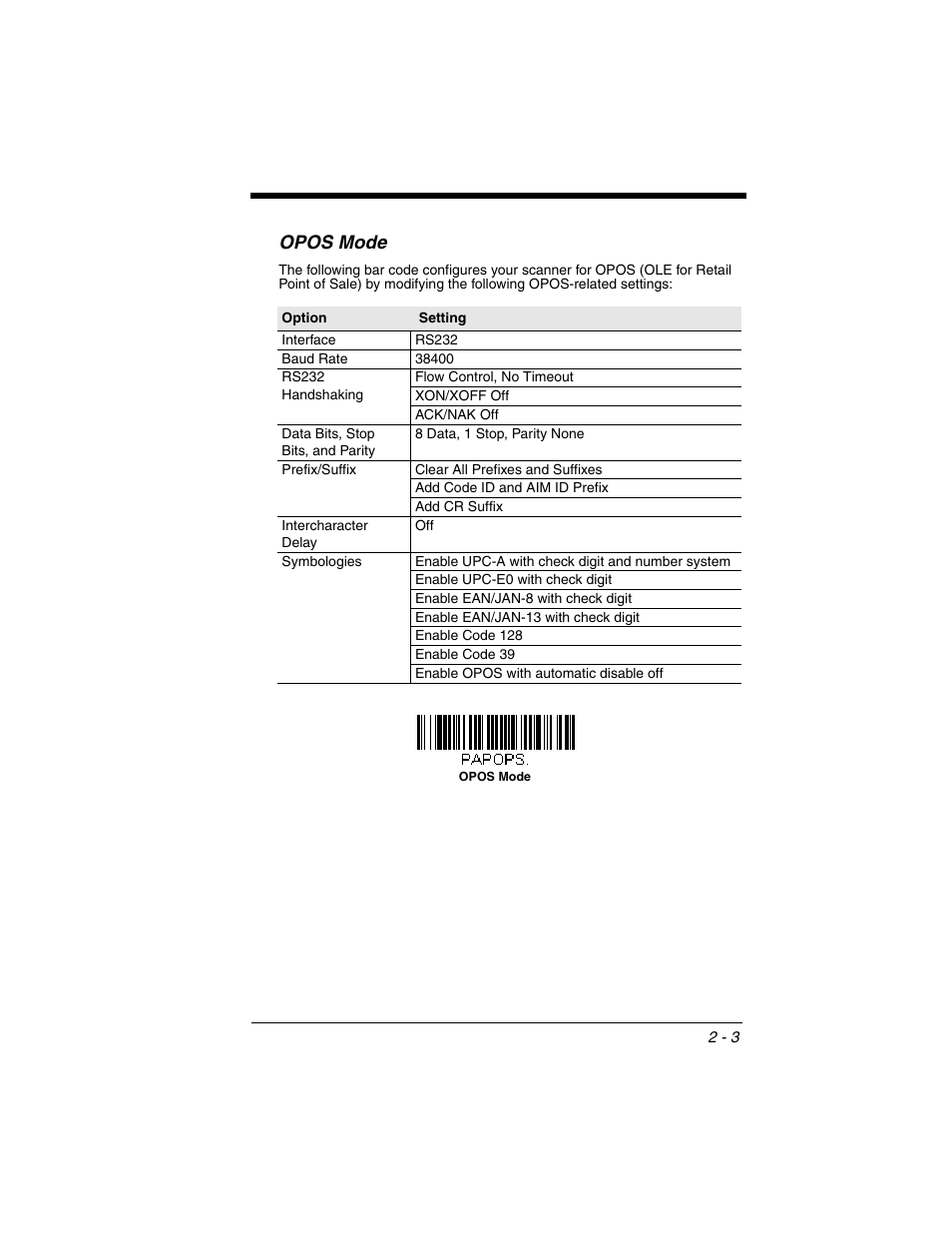 Opos mode, Opos mode -3 | Honeywell VOYAGER 1250G User Manual | Page 27 / 240