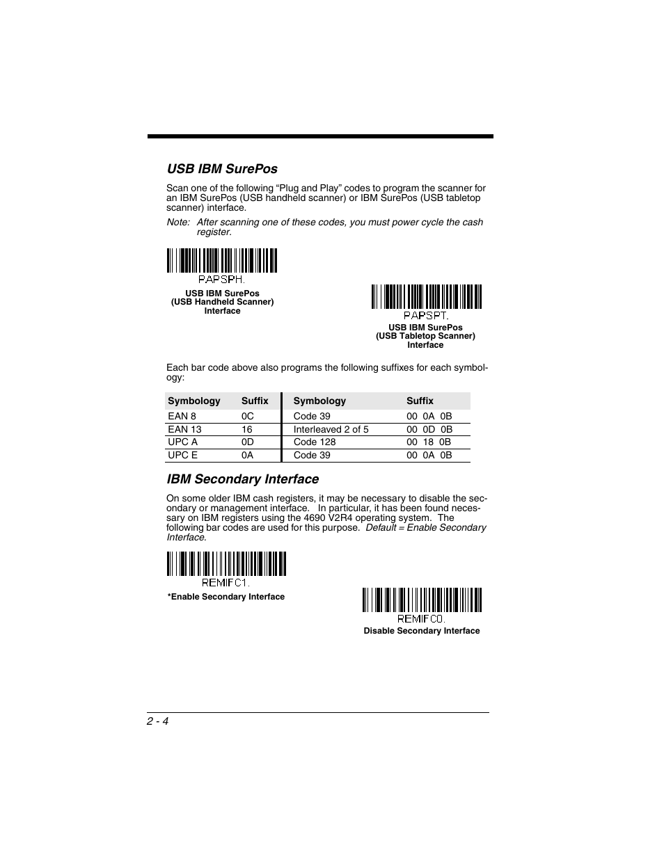 Usb ibm surepos, Ibm secondary interface, Usb ibm surepos -4 ibm secondary interface -4 | Honeywell VOYAGER 1250G User Manual | Page 28 / 240