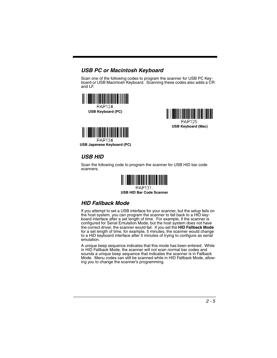 Usb pc or macintosh keyboard, Usb hid, Hid fallback mode | Honeywell VOYAGER 1250G User Manual | Page 29 / 240