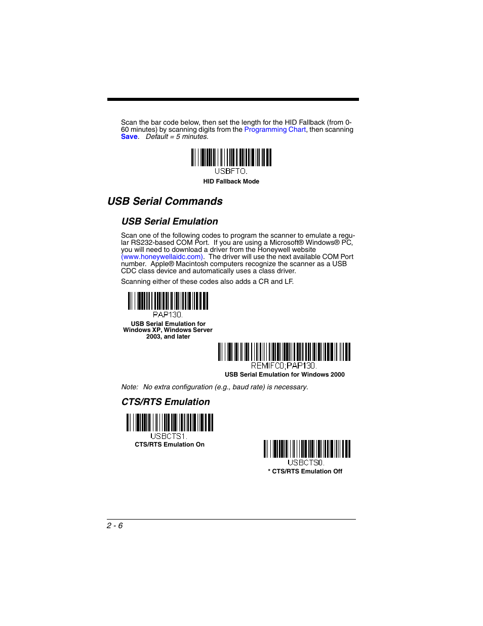 Usb serial commands, Usb serial emulation, Cts/rts emulation | Usb serial commands -6, Usb serial emulation -6 cts/rts emulation -6 | Honeywell VOYAGER 1250G User Manual | Page 30 / 240