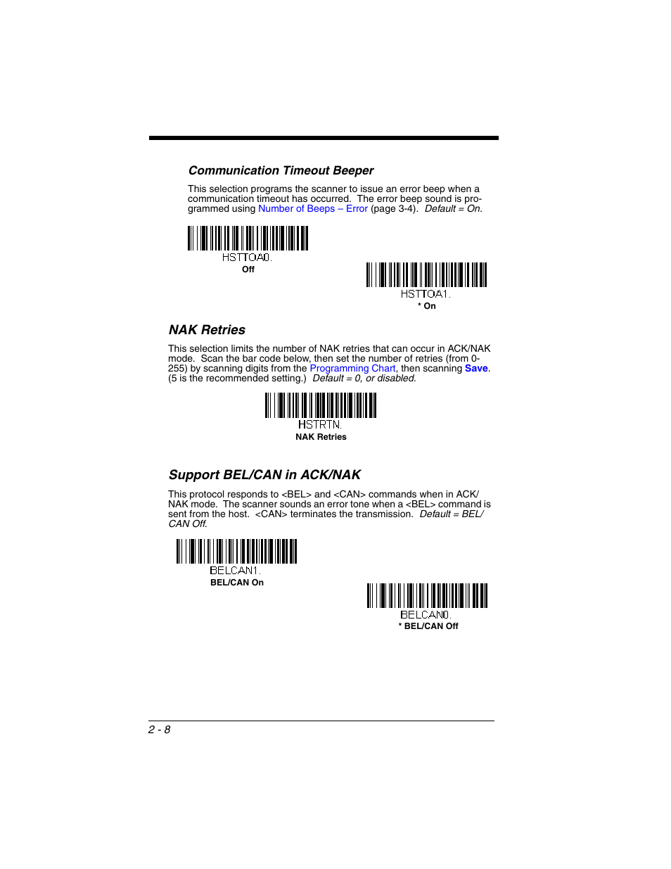 Nak retries, Support bel/can in ack/nak, Nak retries -8 support bel/can in ack/nak -8 | Honeywell VOYAGER 1250G User Manual | Page 32 / 240