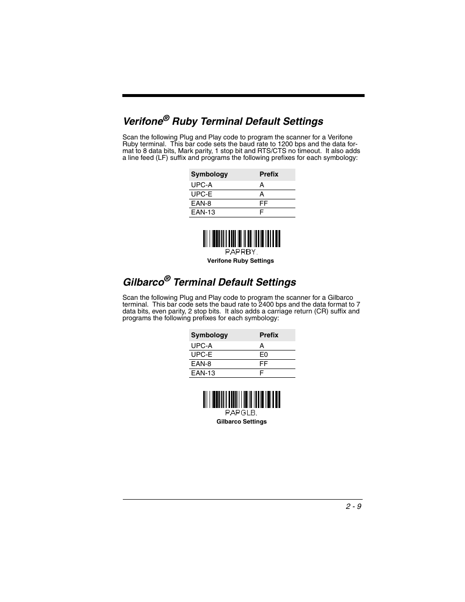 Verifone® ruby terminal default settings, Gilbarco® terminal default settings, Verifone | Gilbarco, Ruby terminal default settings, Terminal default settings | Honeywell VOYAGER 1250G User Manual | Page 33 / 240