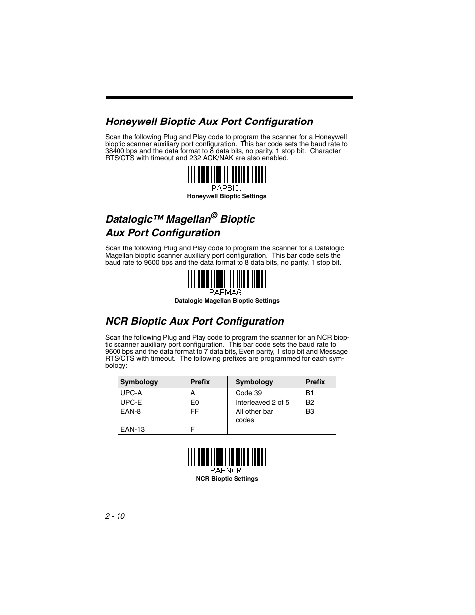 Honeywell bioptic aux port configuration, Ncr bioptic aux port configuration, Ncr bioptic aux port configuration -10 | Datalogic™ magellan, Bioptic aux port configuration | Honeywell VOYAGER 1250G User Manual | Page 34 / 240