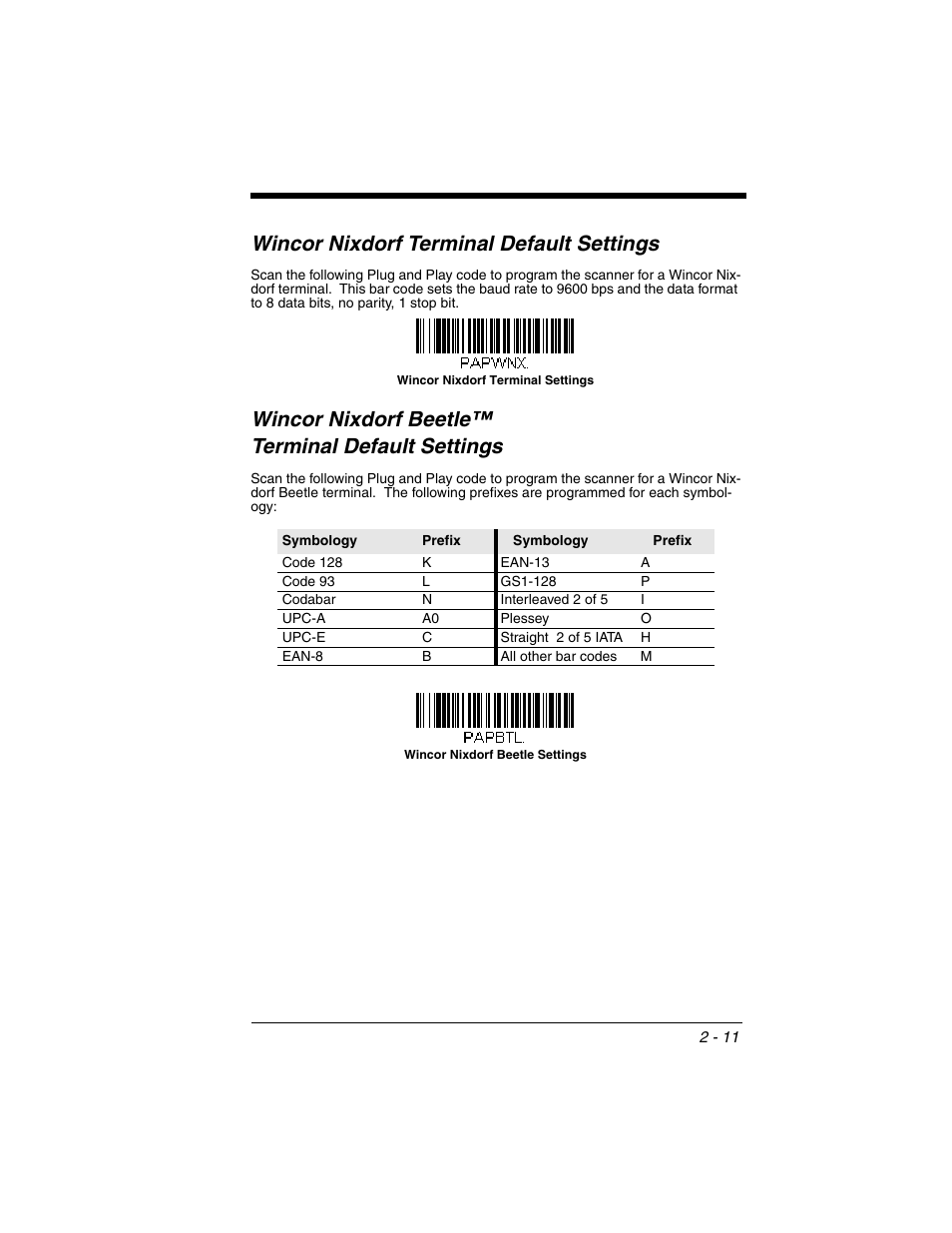 Wincor nixdorf terminal default settings, Wincor nixdorf beetle™ terminal default settings | Honeywell VOYAGER 1250G User Manual | Page 35 / 240