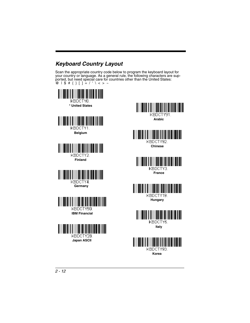 Keyboard country layout, Keyboard country layout -12 | Honeywell VOYAGER 1250G User Manual | Page 36 / 240