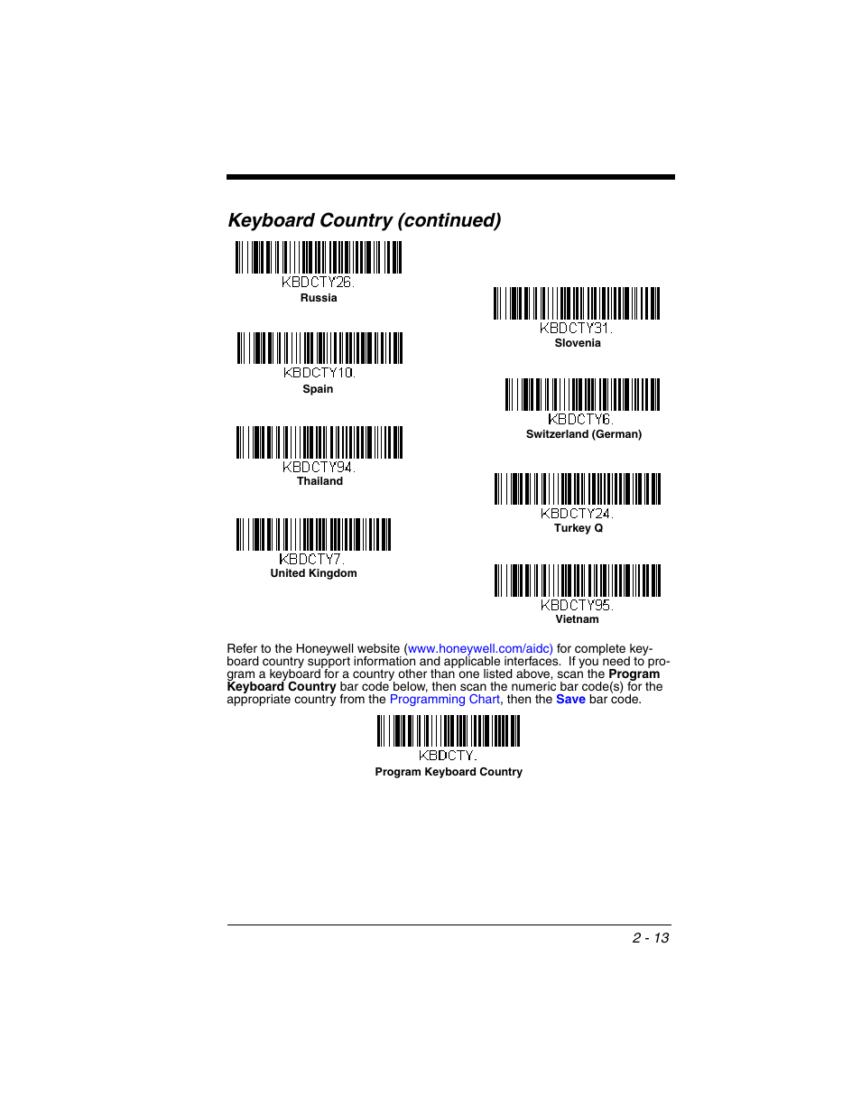 Keyboard country (continued) | Honeywell VOYAGER 1250G User Manual | Page 37 / 240