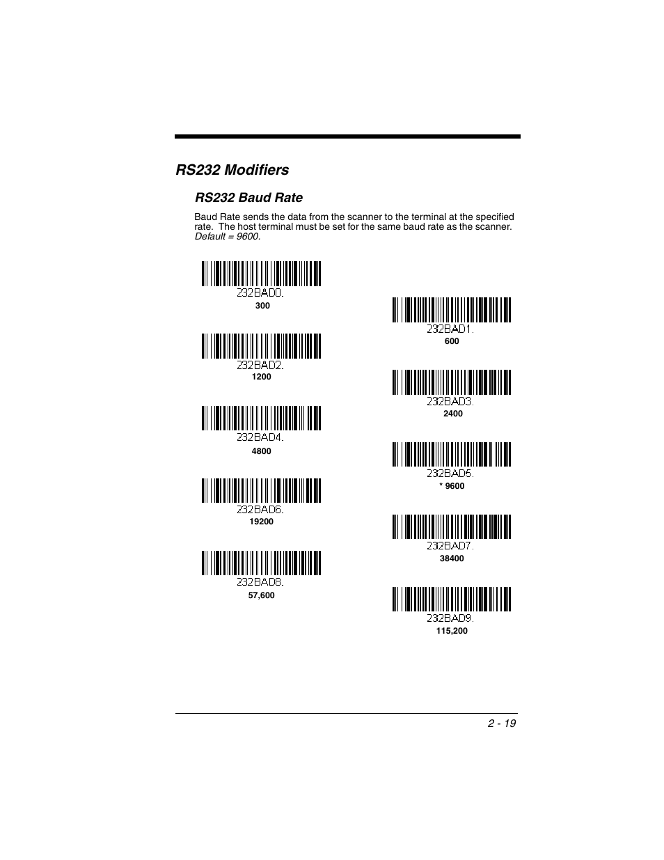 Rs232 modifiers, Rs232 baud rate, Rs232 modifiers -19 | Rs232 baud rate -19 | Honeywell VOYAGER 1250G User Manual | Page 43 / 240