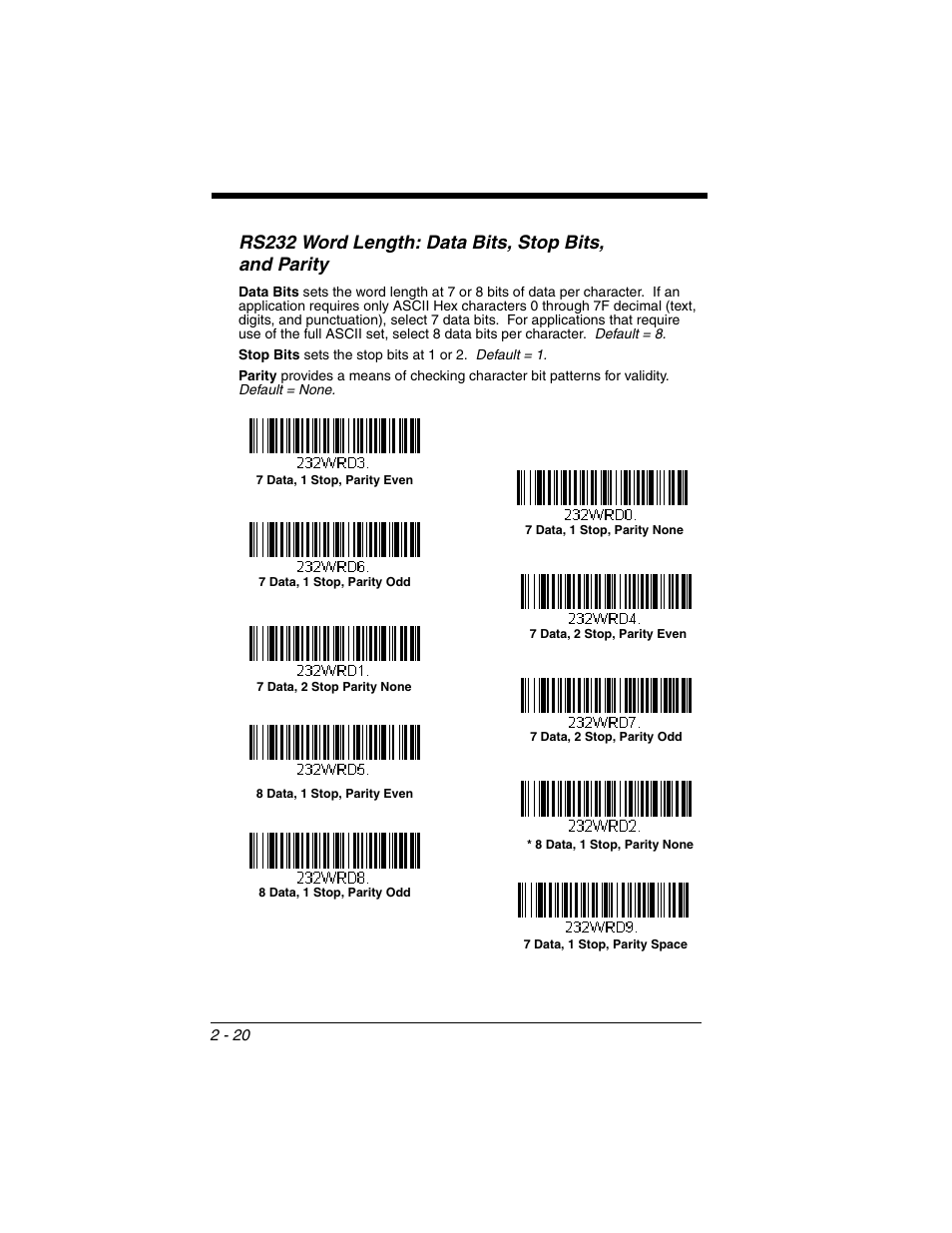 Rs232 word length: data bits, stop bits, And parity -20 | Honeywell VOYAGER 1250G User Manual | Page 44 / 240