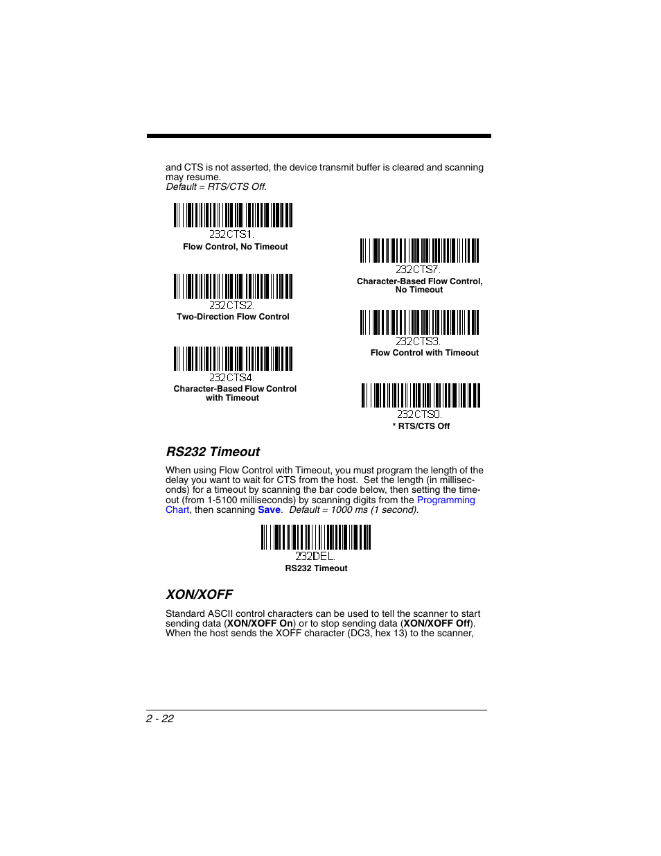 Rs232 timeout, Xon/xoff, Rs232 timeout -22 xon/xoff -22 | Y (see | Honeywell VOYAGER 1250G User Manual | Page 46 / 240