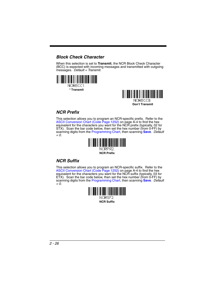 Block check character, Ncr prefix, Ncr suffix | Honeywell VOYAGER 1250G User Manual | Page 50 / 240