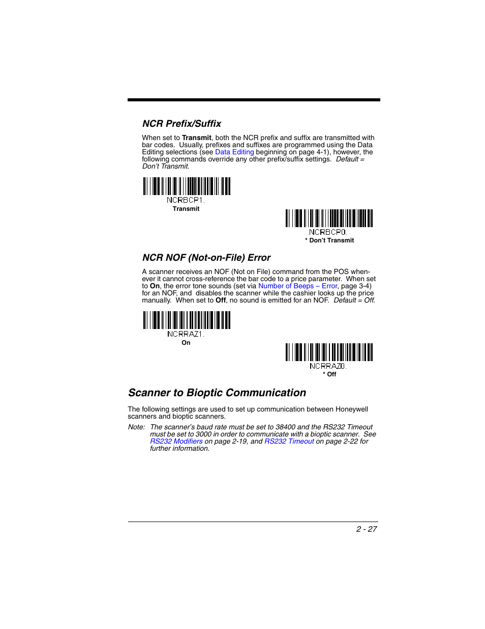 Ncr prefix/suffix, Ncr nof (not-on-file) error, Scanner to bioptic communication | Scanner to bioptic communication -27 | Honeywell VOYAGER 1250G User Manual | Page 51 / 240