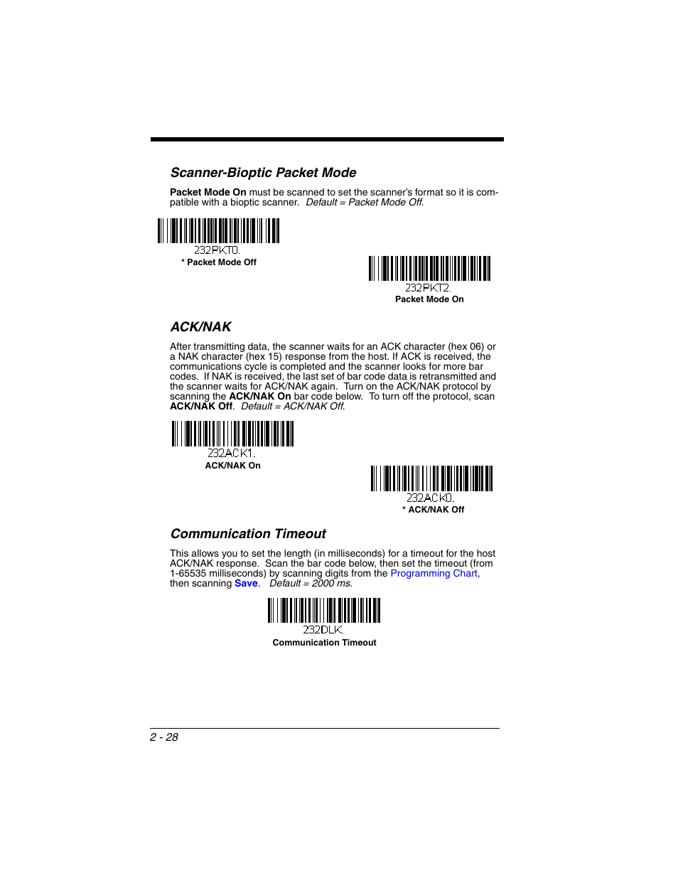 Scanner-bioptic packet mode, Ack/nak, Communication timeout | Honeywell VOYAGER 1250G User Manual | Page 52 / 240