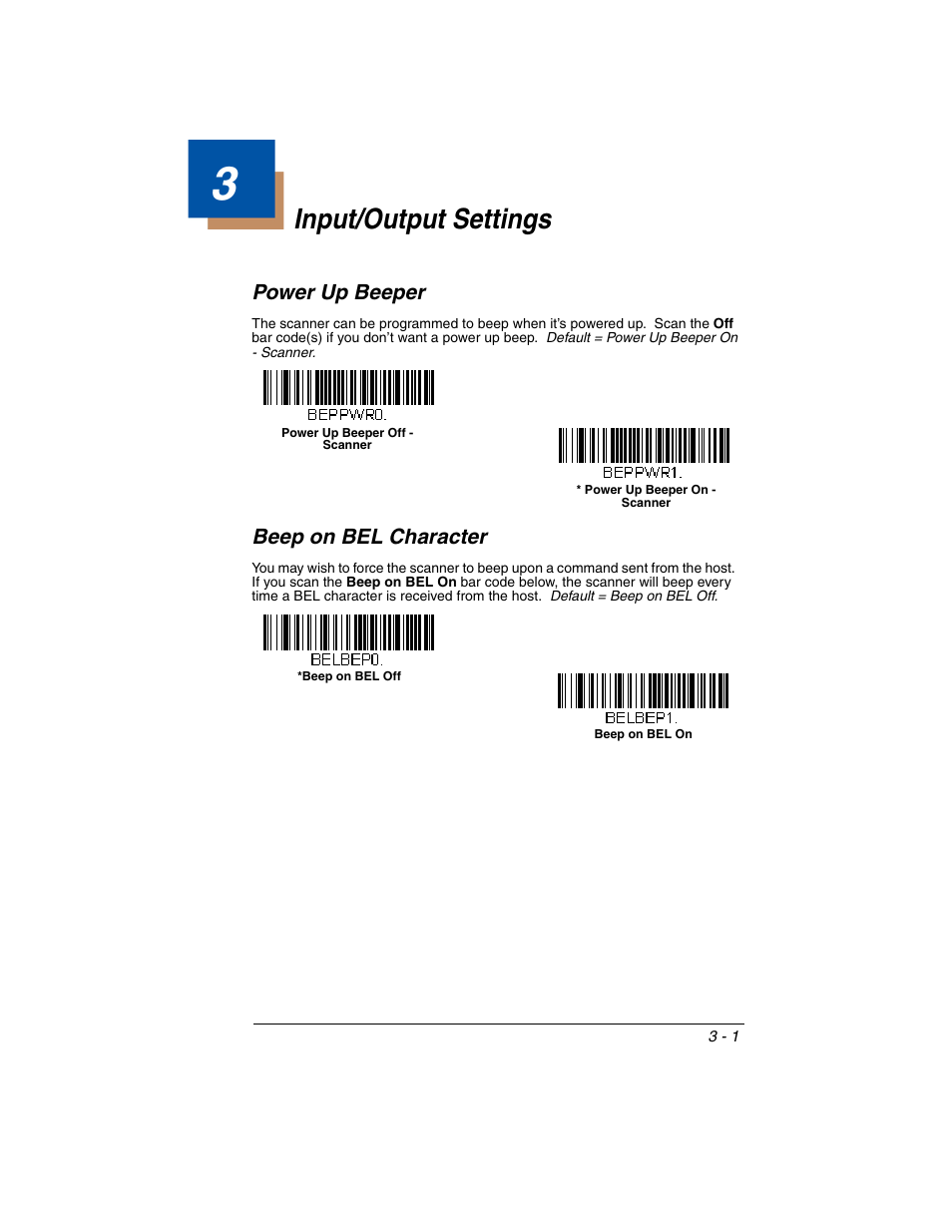Input/output settings, Power up beeper, Beep on bel character | Chapter 3 - input/output settings, Power up beeper -1 beep on bel character -1 | Honeywell VOYAGER 1250G User Manual | Page 53 / 240
