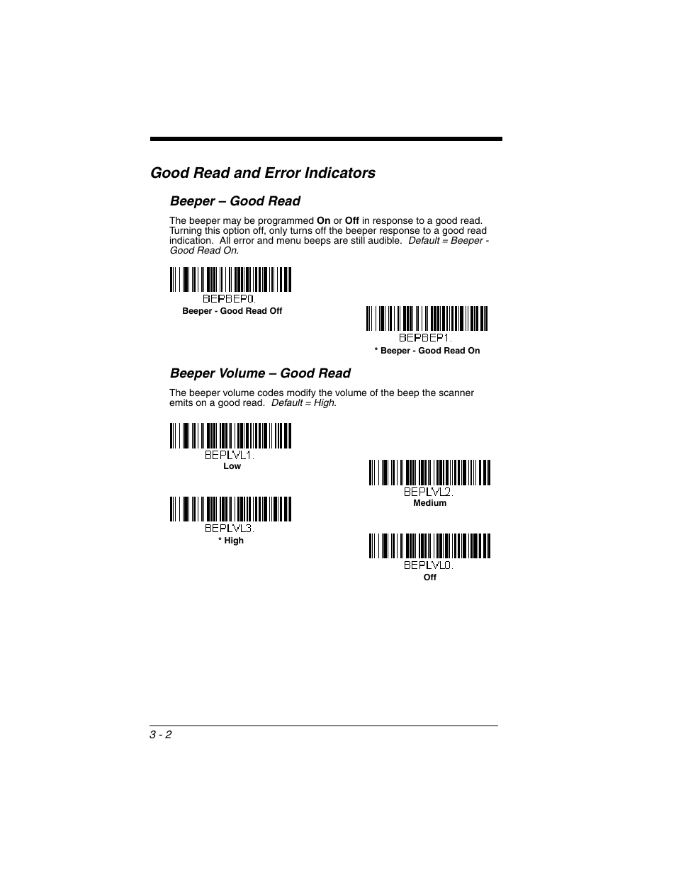 Good read and error indicators, Beeper – good read, Beeper volume – good read | Good read and error indicators -2, Beeper – good read -2 beeper volume – good read -2 | Honeywell VOYAGER 1250G User Manual | Page 54 / 240