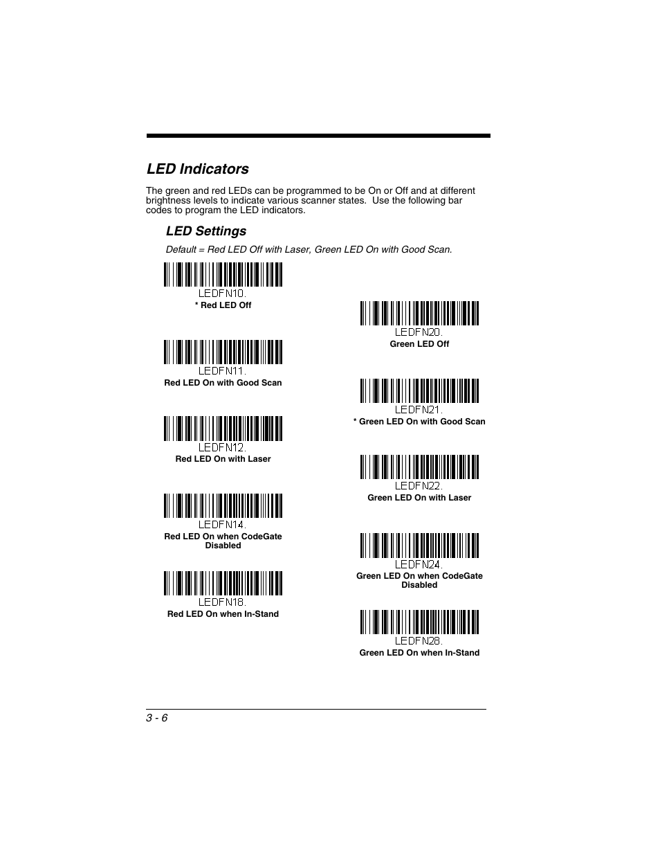 Led indicators, Led settings, Led indicators -6 | Led settings -6, Settings | Honeywell VOYAGER 1250G User Manual | Page 58 / 240