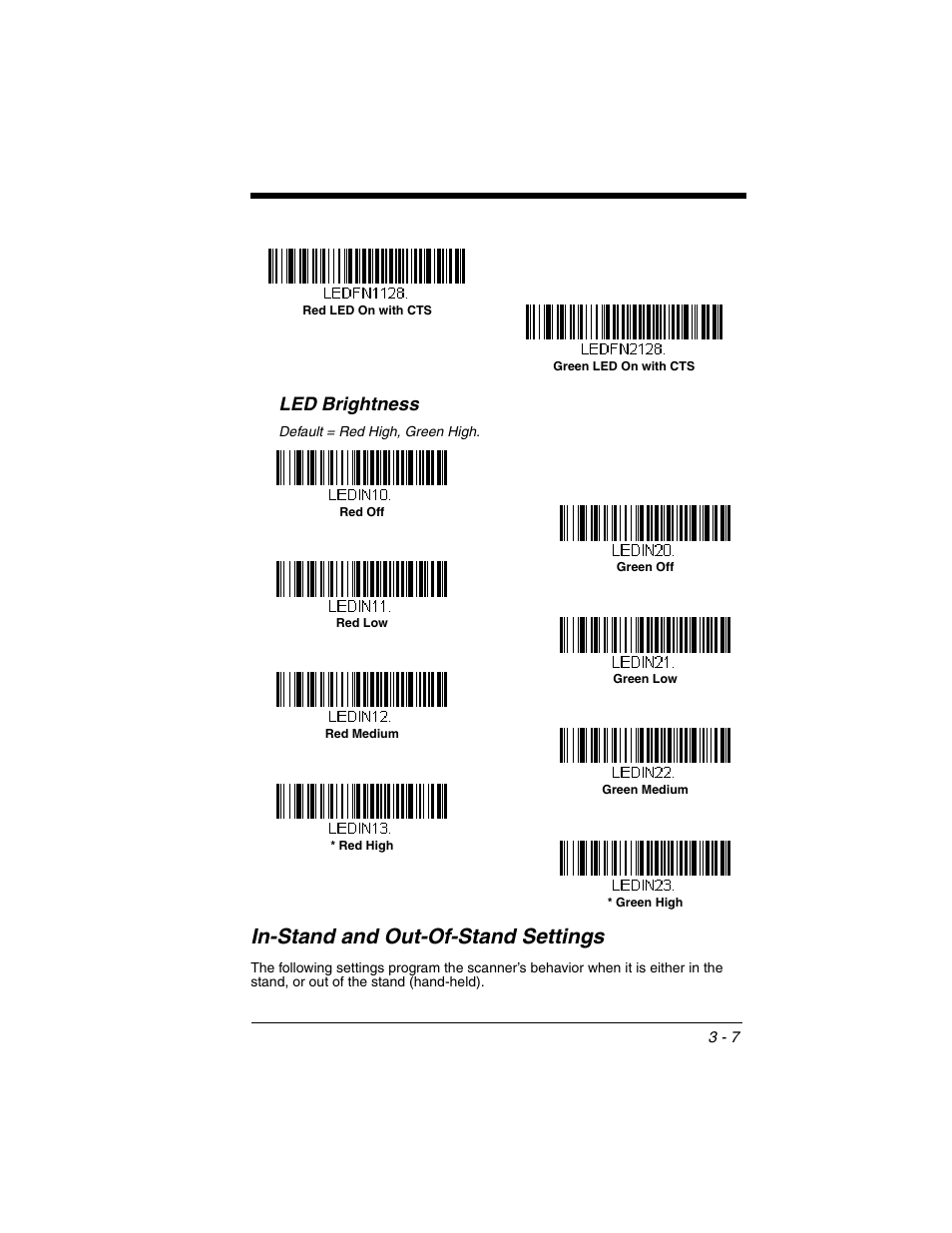 Led brightness, In-stand and out-of-stand settings, Led brightness -7 | In-stand and out-of-stand settings -7 | Honeywell VOYAGER 1250G User Manual | Page 59 / 240