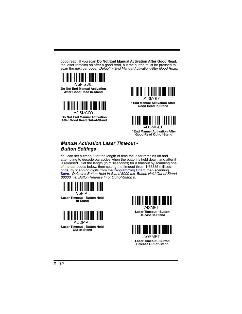 Manual activation laser timeout - button settings, Manual activation laser timeout, Button settings -10 | Honeywell VOYAGER 1250G User Manual | Page 62 / 240